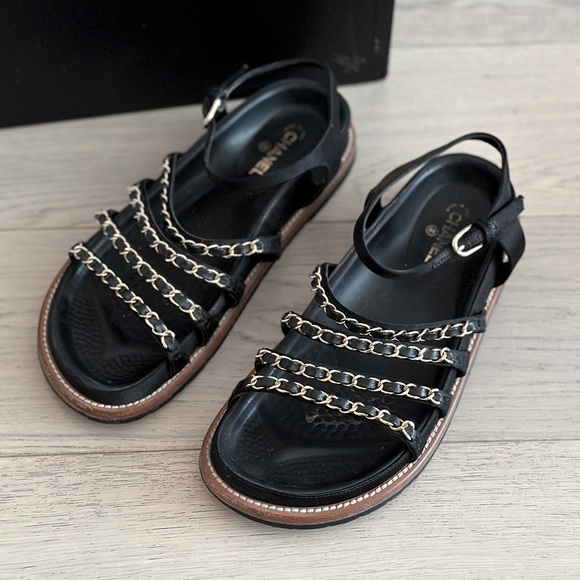 Chanel Black Satin and Goldtone Chain Flat Sandals - Picture 2 of 4